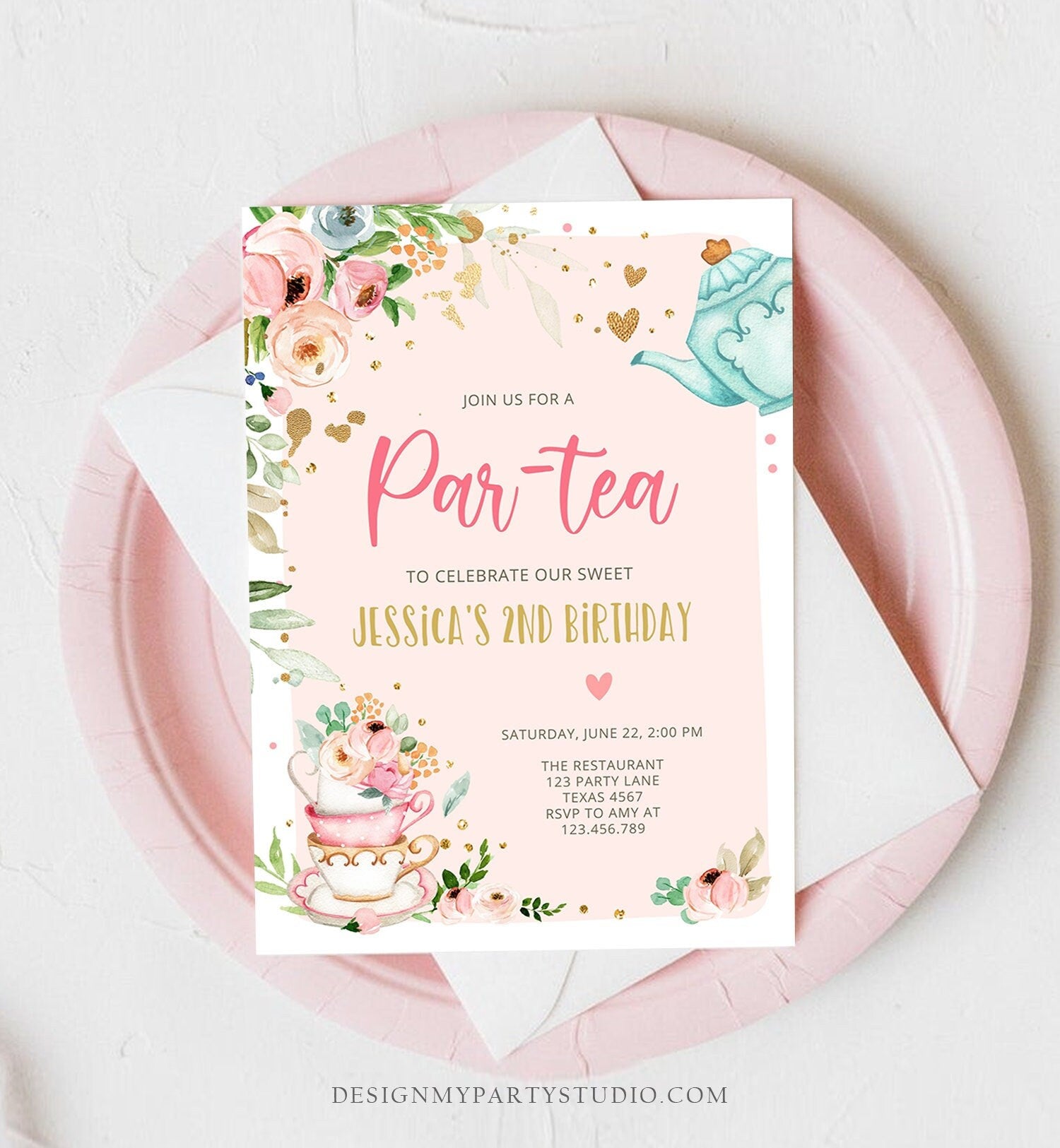 Editable Tea Party Birthday Invitation Par-Tea Birthday Invite Pink and Gold Floral Whimsical Digital Download Evite Template Printable 0349