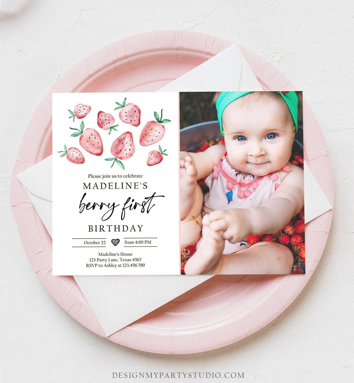 Editable Strawberry Birthday Invitation First Birthday Berry Sweet Girl Cute Strawberries 1st Digital Download Evite Template Printable 0399