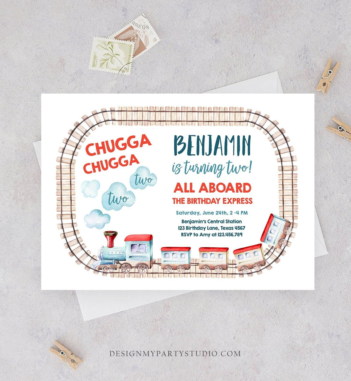 Editable Chugga Chugga Two Two Train Birthday Invitation Vintage Choo Choo Train Party Train Digital Download Evite Template Printable 0149