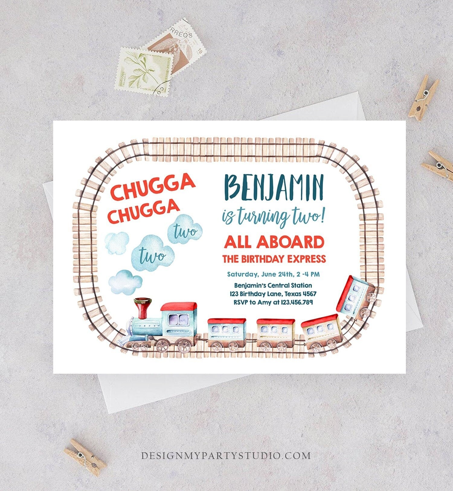 Editable Chugga Chugga Two Two Train Birthday Invitation Vintage Choo Choo Train Party Train Digital Download Evite Template Printable 0149
