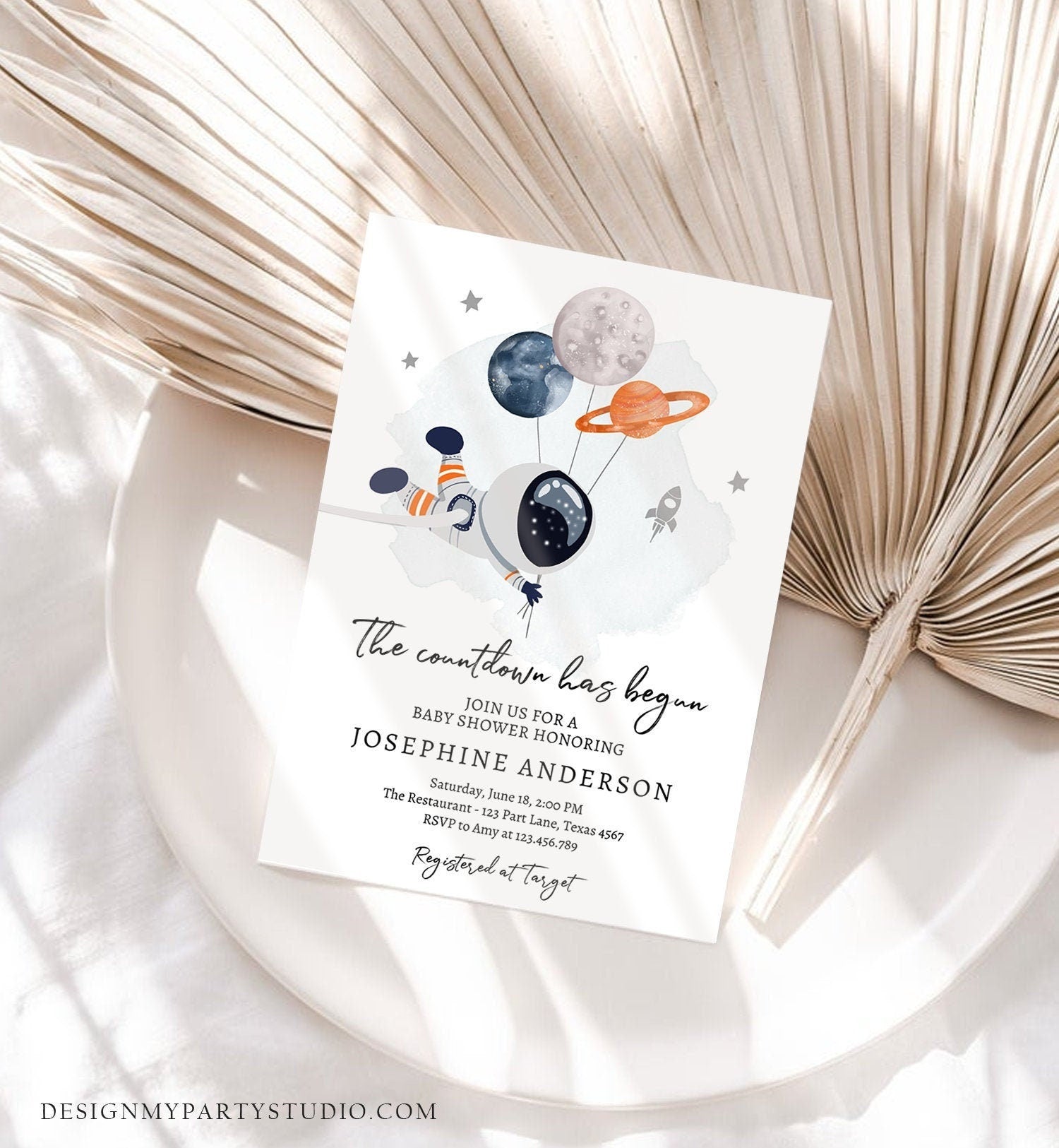 Editable Space Baby Shower Invitation Galaxy Outer Space It's a Boy Gold Planets Moon Countdown Digital Download Template Printable 0366