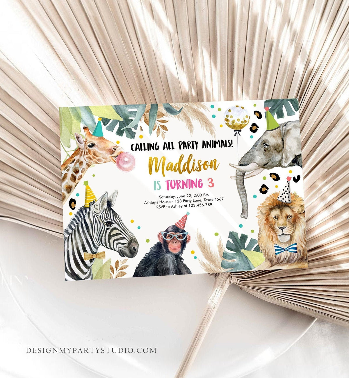 Editable Party Animals Birthday Invitation Wild One Animals Zoo Party Safari Animals Girl Digital Download Evite Template Printable 0417