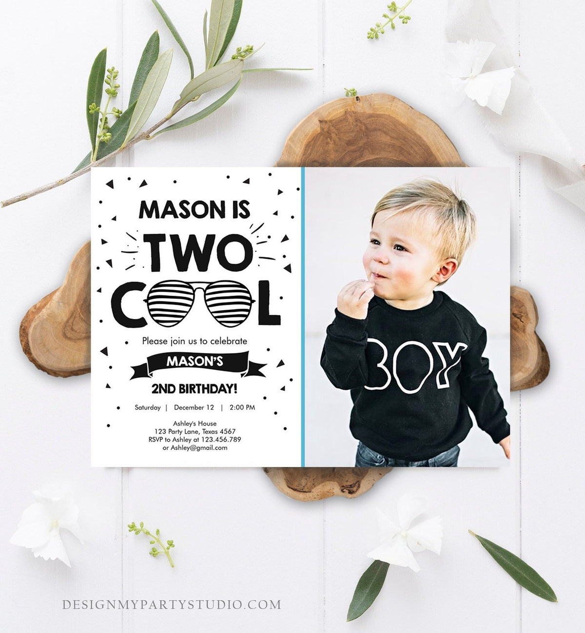Editable Two Cool Birthday Invitation Boy Second Party 2nd I'm this Many I'm Two Cool Sunglasses Palm Digital Template Printable 0136