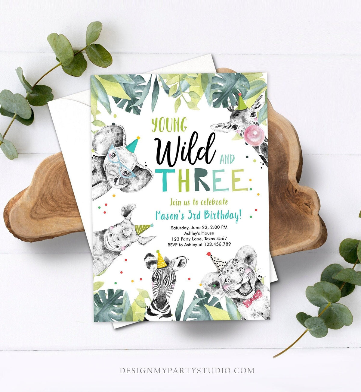 Editable Young Wild and Three Invitation Safari Animals Party Animals Boy Green Third Birthday 3rd Zoo Digital Evite Template Printable 0322