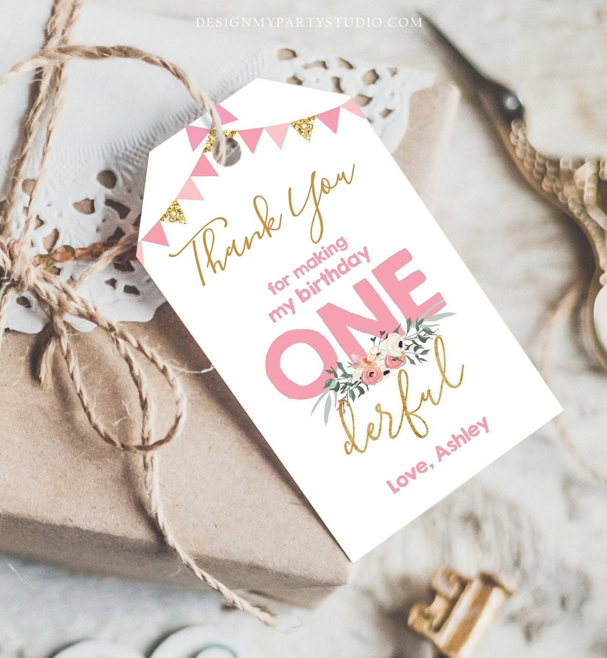Editable Onederful Favor Tag Thank You Girl 1st First Birthday Party Gift Tag Pink Gold 1st Digital Download Template Printable 0165