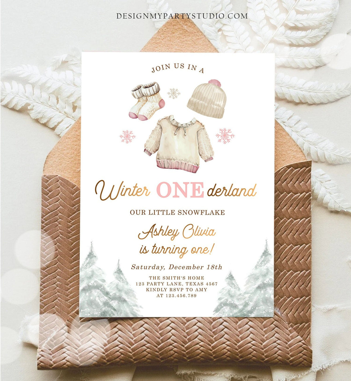 Editable Winter ONEderland Birthday Invitation First Birthday 1st Girl Pink Snow Gold Christmas Snowflake Digital Template Printable 0491