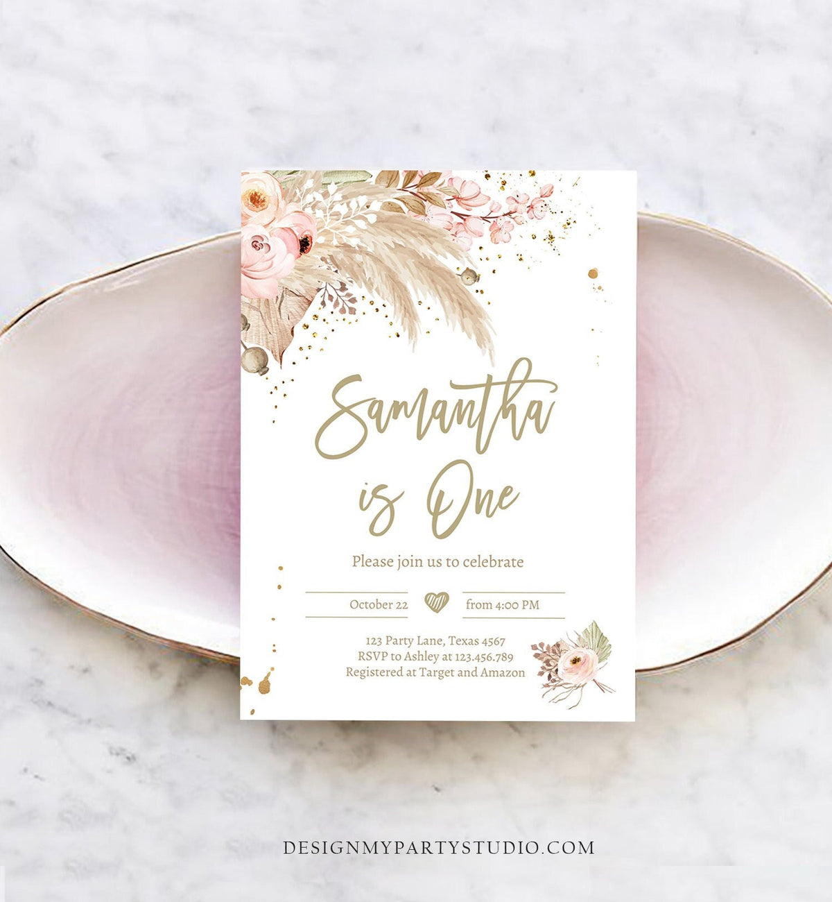 Editable Pampas Grass Birthday Invitation Boho Birthday Invite Bohemian Girl Muted Rustic Digital Download Evite Template Printable 0395