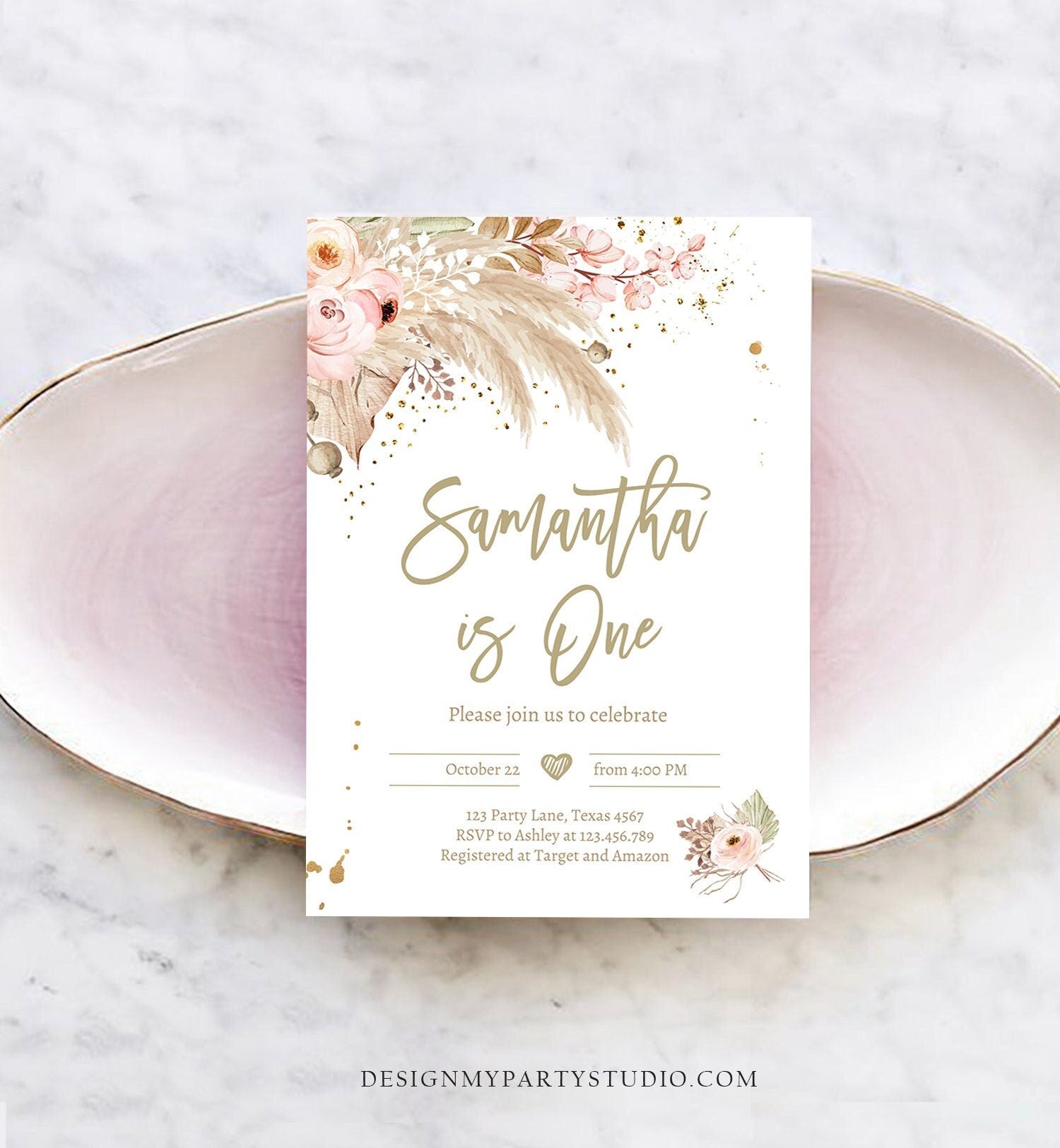 Editable Pampas Grass Birthday Invitation Boho Birthday Invite Bohemian Girl Muted Rustic Digital Download Evite Template Printable 0395