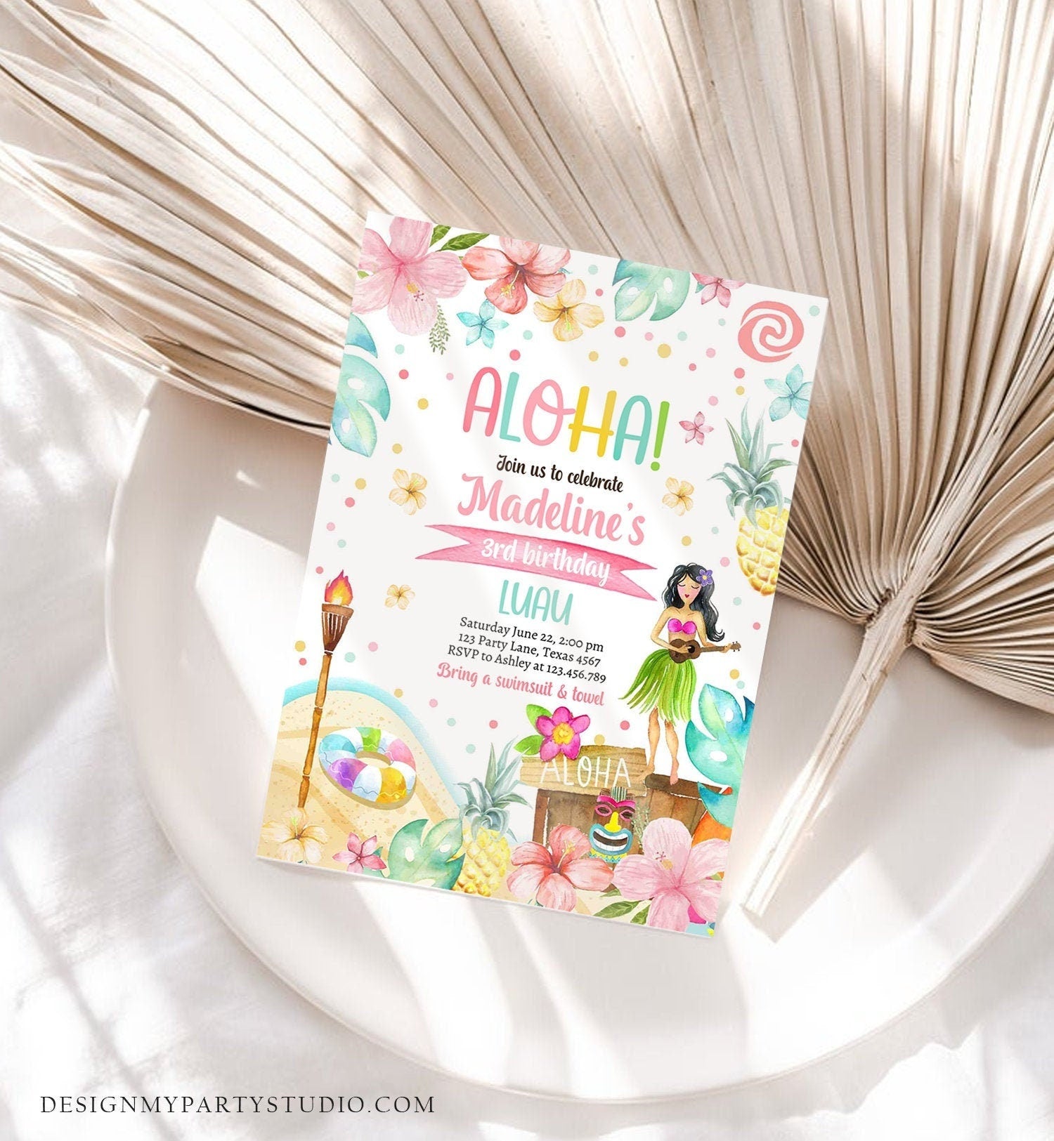 Editable Hawaiian Luau Birthday Invitation Tropical Pool Party Luau Party Hawaiian Birthday Aloha Digital Download Template Printable 0413