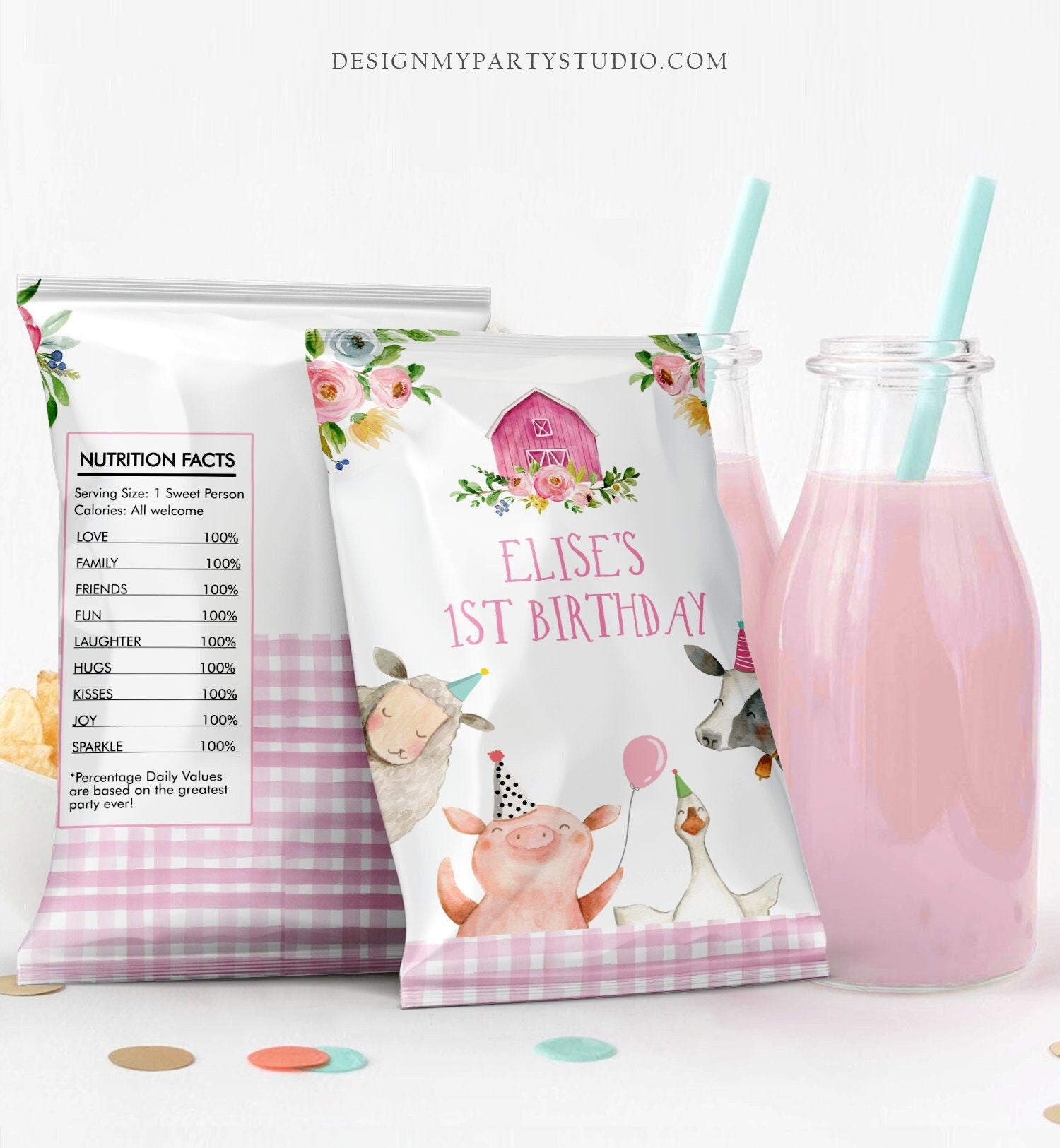 Editable Farm Birthday Chip Bag Barnyard Birthday Decor Girl Pink Farm McDonald Snack Favors Farm Animals Digital Template Printable 0155