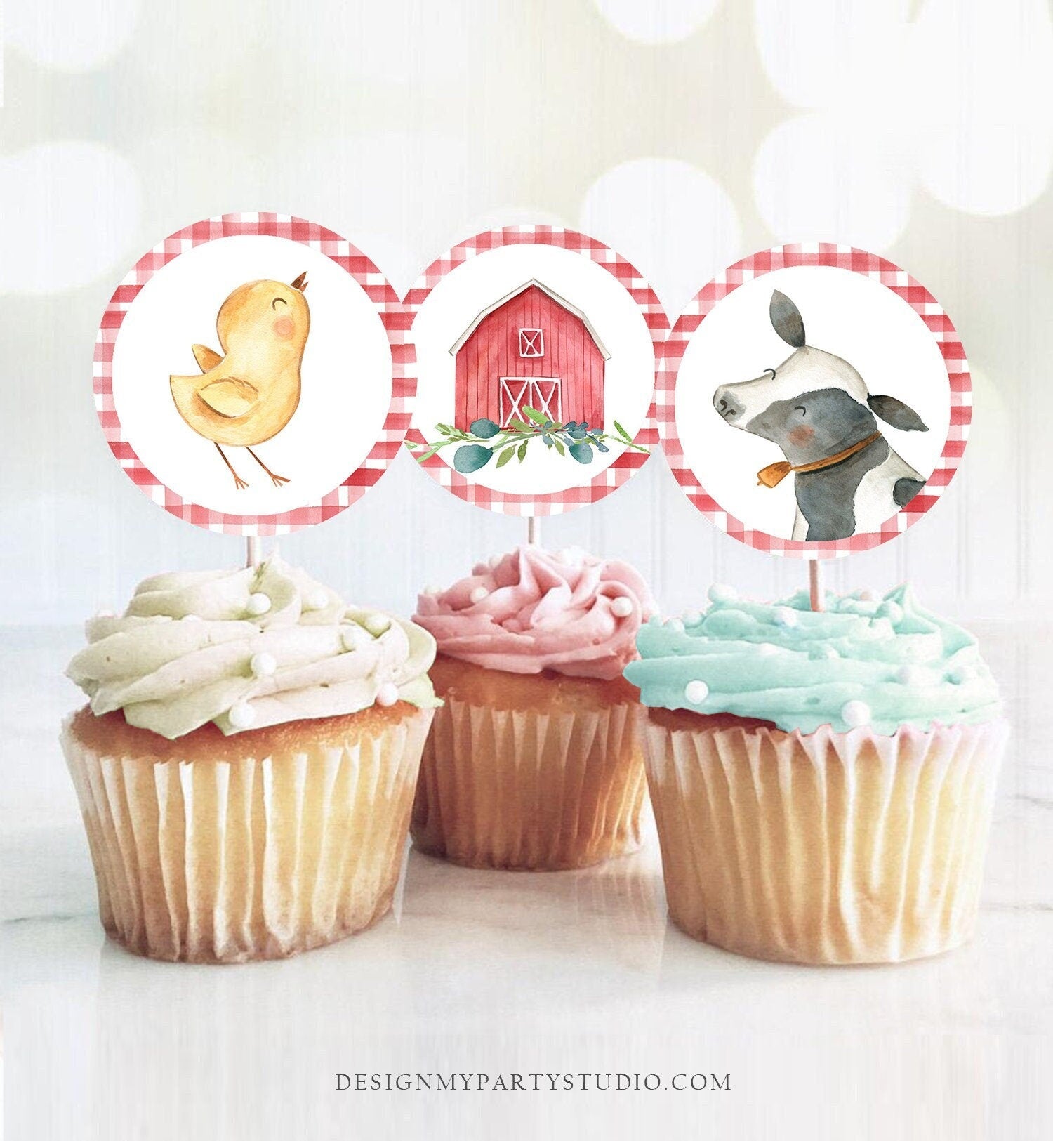 Barnyard Birthday Cupcake Toppers Favor Tags Farm Baby Shower Boy Decoration Red Farm Animals Stickers Digital Download Printable 0155