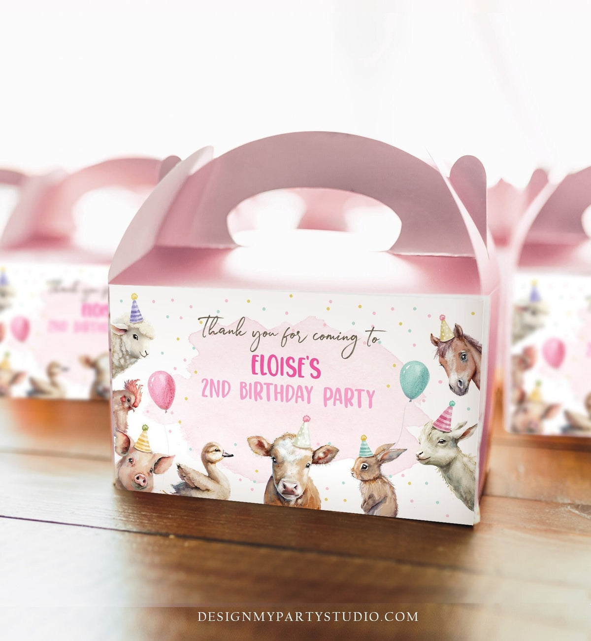 Editable Farm Animals Gable Gift Box Label Pink Farm Birthday Girl Treat Box Party Animals Barnyard Party Digital Template Printable 0448