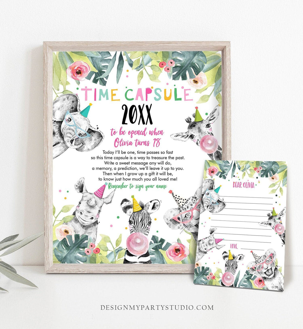 Editable Party Animals Time Capsule Girl Pink First Birthday Wild One First Birthday Zoo Safari Animals Digital Template Printable 0322