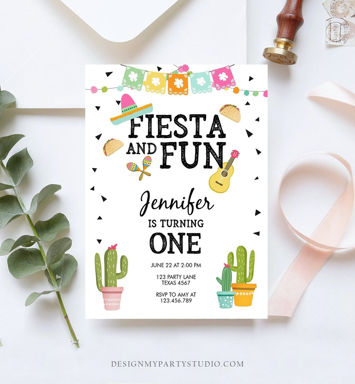 Editable Fiesta and Fun Birthday Invitation Girl First Fiesta Cactus Sombrero Mexican Digital Download Evite Template Printable 0161
