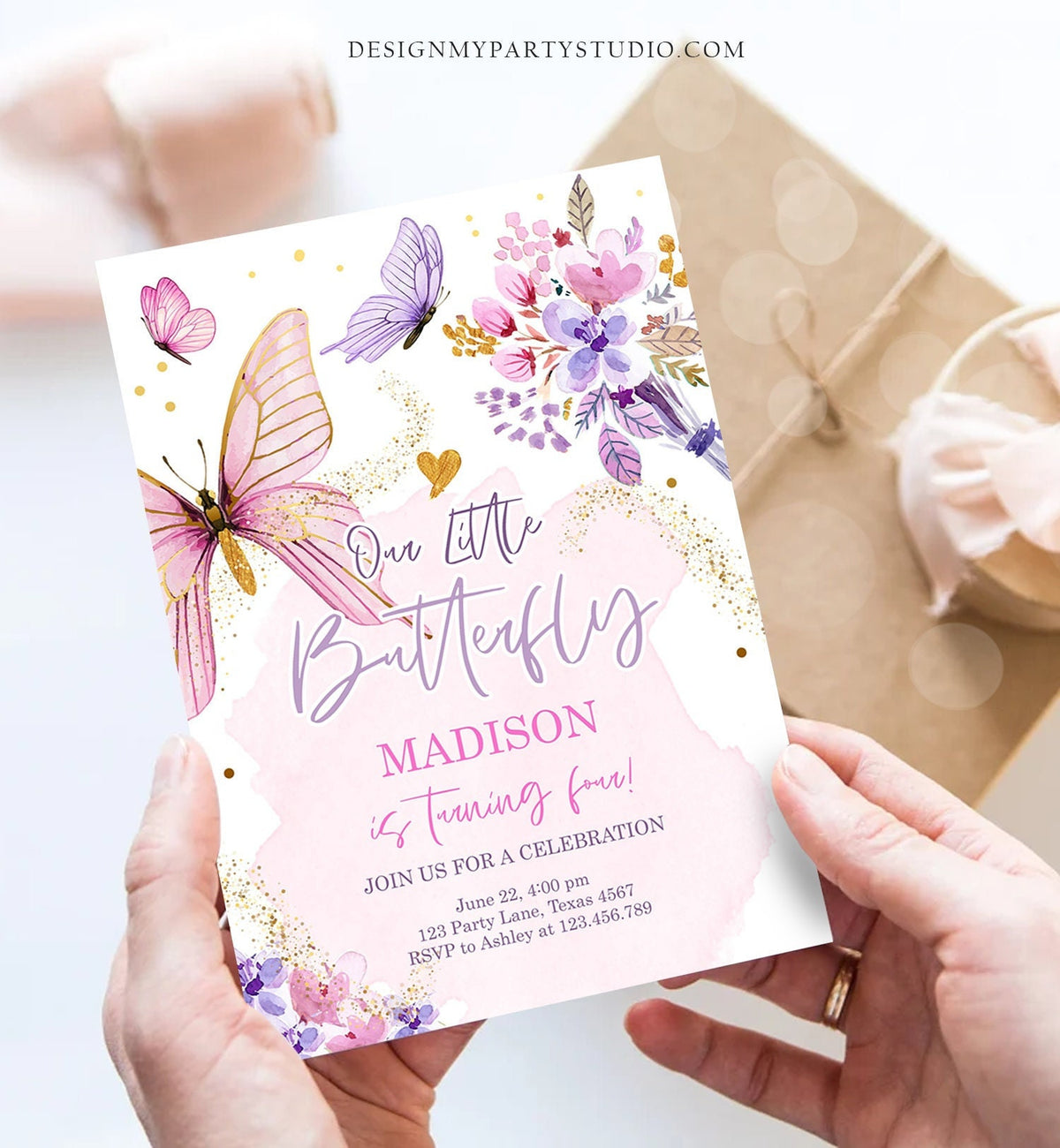 Editable Butterfly Birthday Invitation Girl Purple Butterfly Invite 1st Birthday Party Floral Pink Digital Download Template Printable 0437