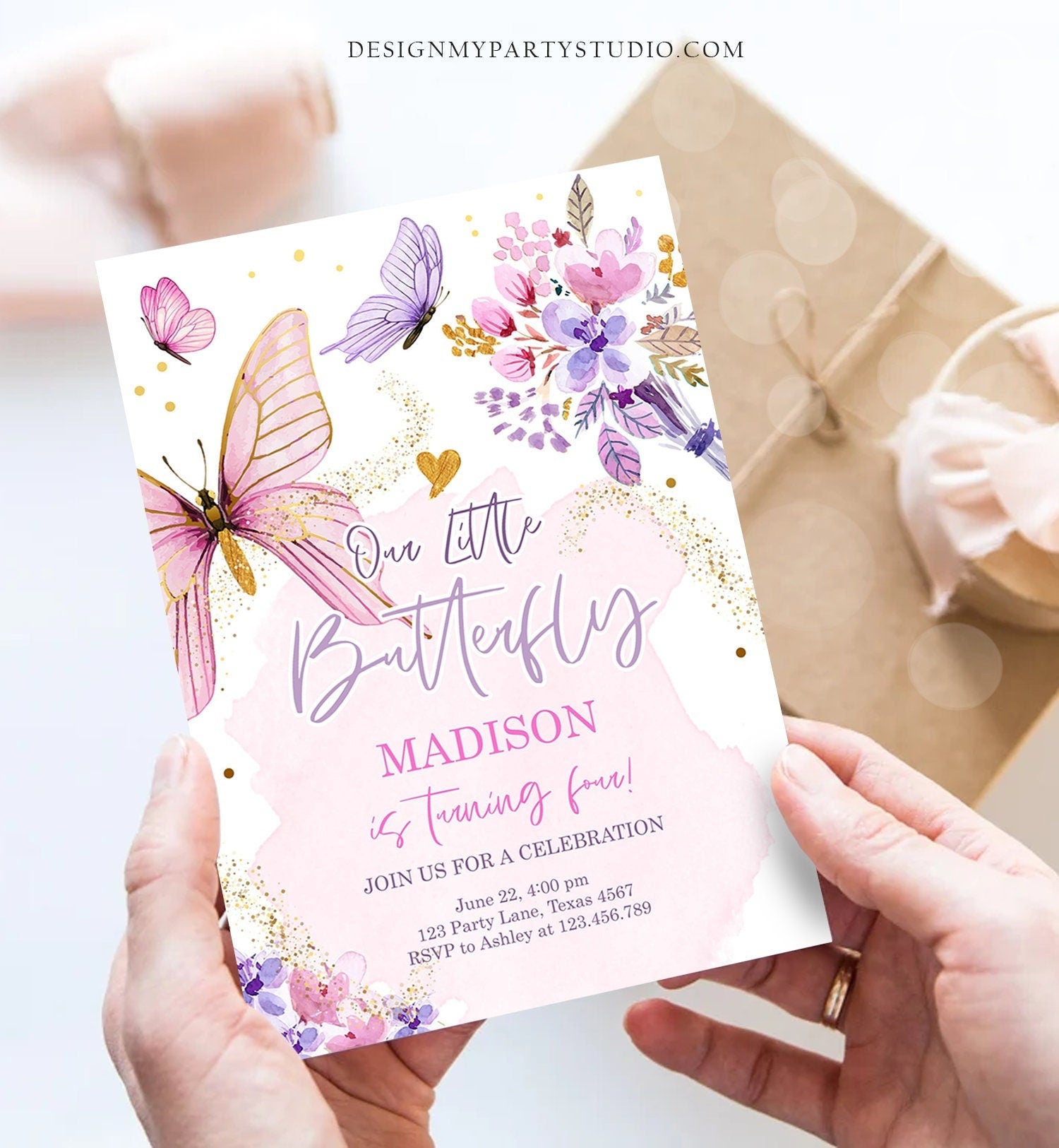 Editable Butterfly Birthday Invitation Girl Purple Butterfly Invite 1st Birthday Party Floral Pink Digital Download Template Printable 0437