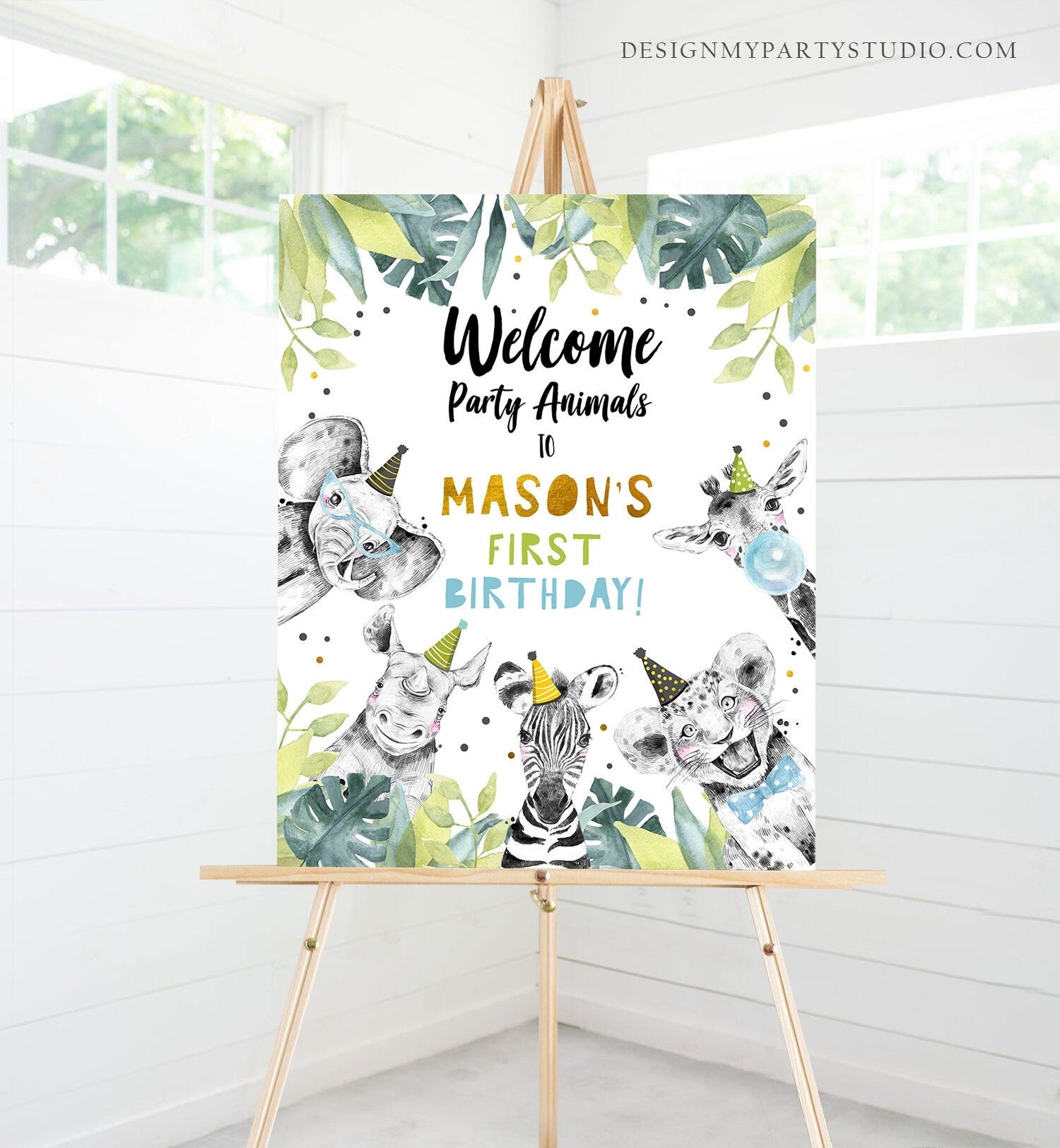 Editable Party Animals Welcome Sign Boy Birthday Party Safari Animals Sign Welcome Jungle Gold Table Sign Digital Template Printable 0322