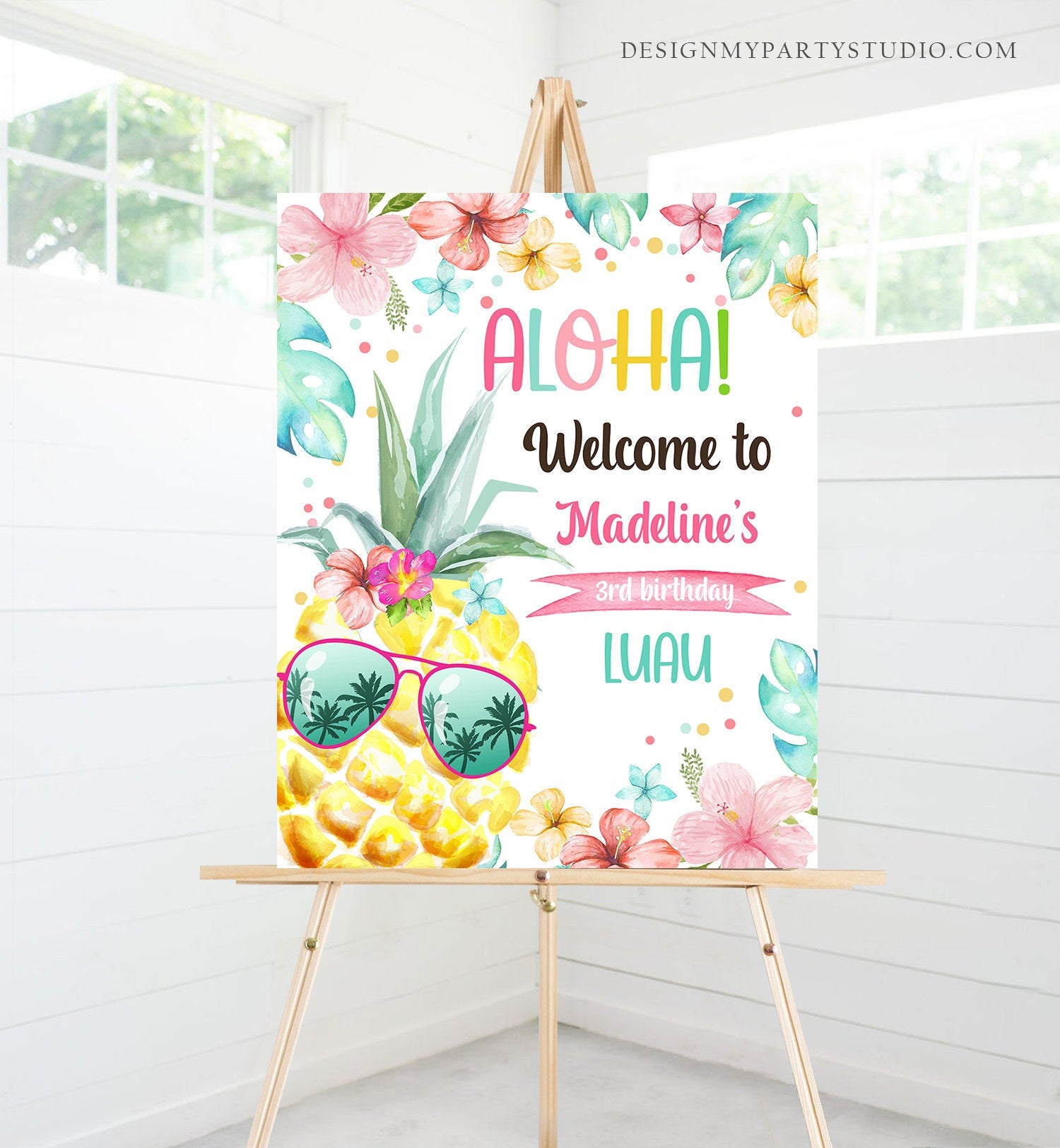 Editable Pineapple Welcome Sign Tropical Hawaiian Luau Birthday Sign Girl Pink Aloha Party Poster Digital Download Template Printable 0391