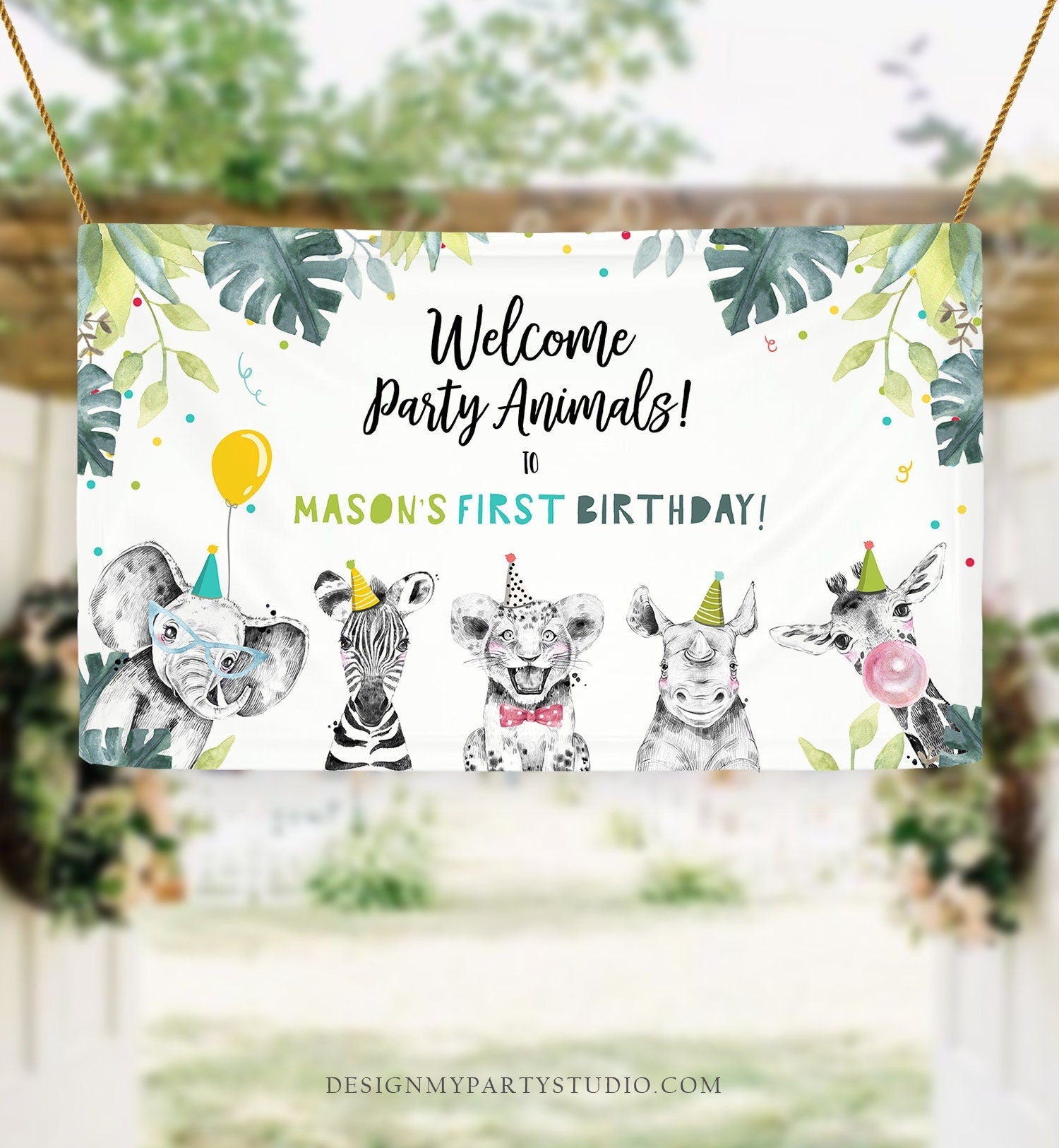 Editable Party Animals Birthday Backdrop Banner Welcome Safari Animals Boy First Birthday Sign Digital Download Template Printable 0322