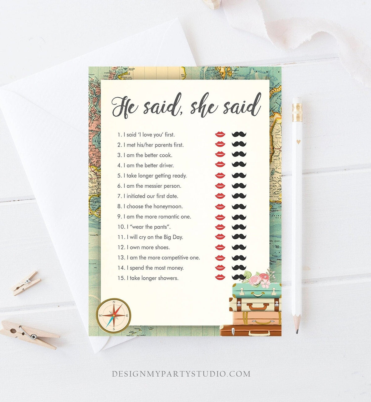 Editable He Said She Said Bridal Shower Game Travel Bride or Groom Wedding Shower Who Said it Game Adventure Corjl Template Printable 0044