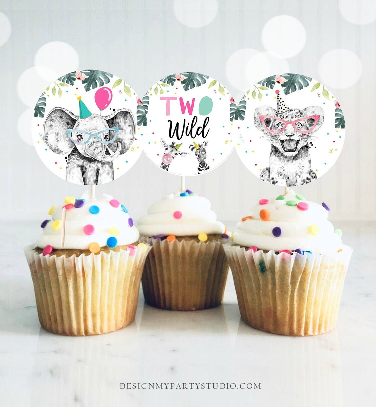 Party Animals Cupcake Toppers Favor Tags Birthday Party Decoration Safari Animals Zoo 2nd Birthday Two Wild Digital Download Printable 0322