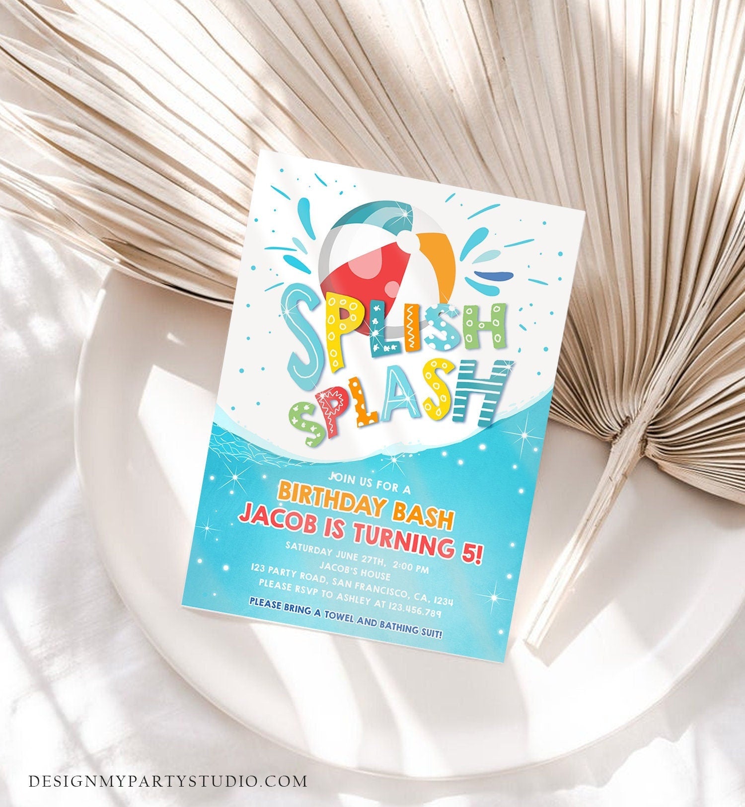 Editable Splish Splash Birthday Invitation Pool Party Boy Beach Ball Blue Green Birthday Bash Digital Download Template Printable 0169