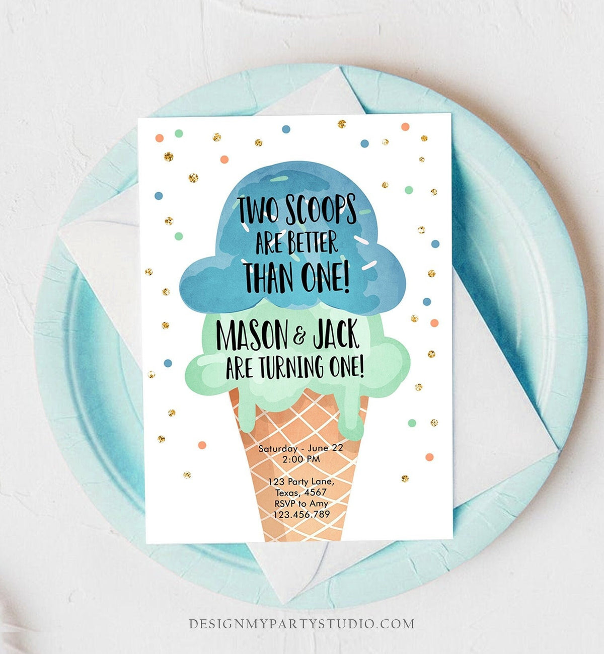 Editable Twin Ice Cream Birthday Invitation First Birthday Two is Better Than One Yellow Mint Joint Boy Blue Digital Template Printable 0243