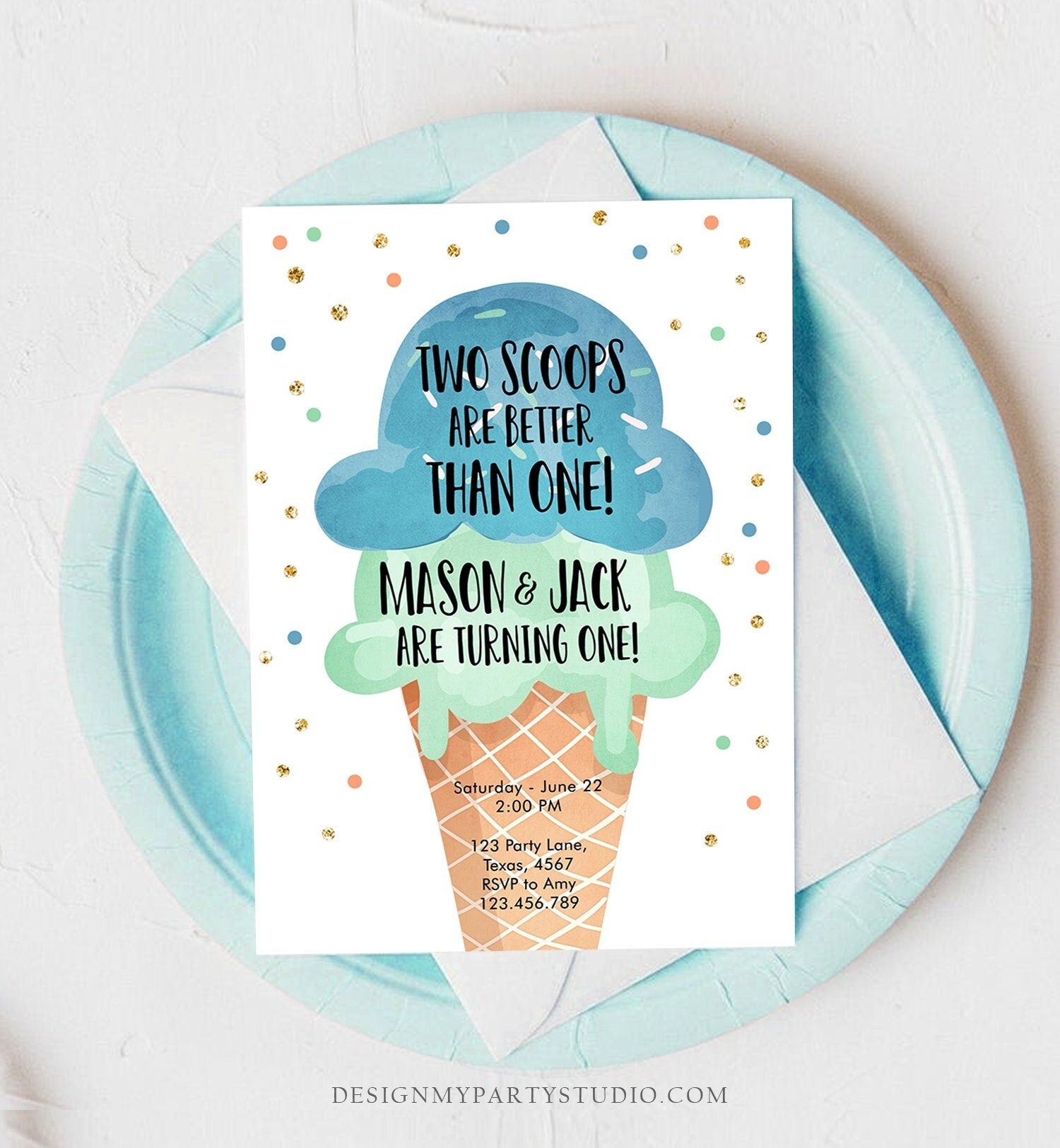 Editable Twin Ice Cream Birthday Invitation First Birthday Two is Better Than One Yellow Mint Joint Boy Blue Digital Template Printable 0243