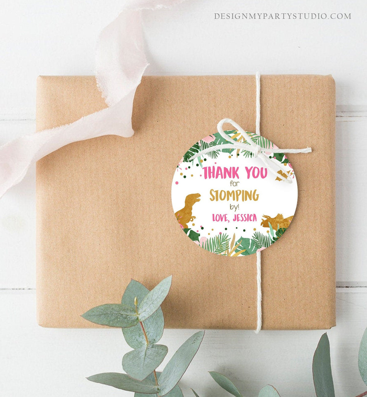 Editable Dinosaur Favor Tags Gift Tag Girl Pink Gold Thank You for Stomping By Tag Birthday Round Square T-Rex Corjl Template Printable 0146