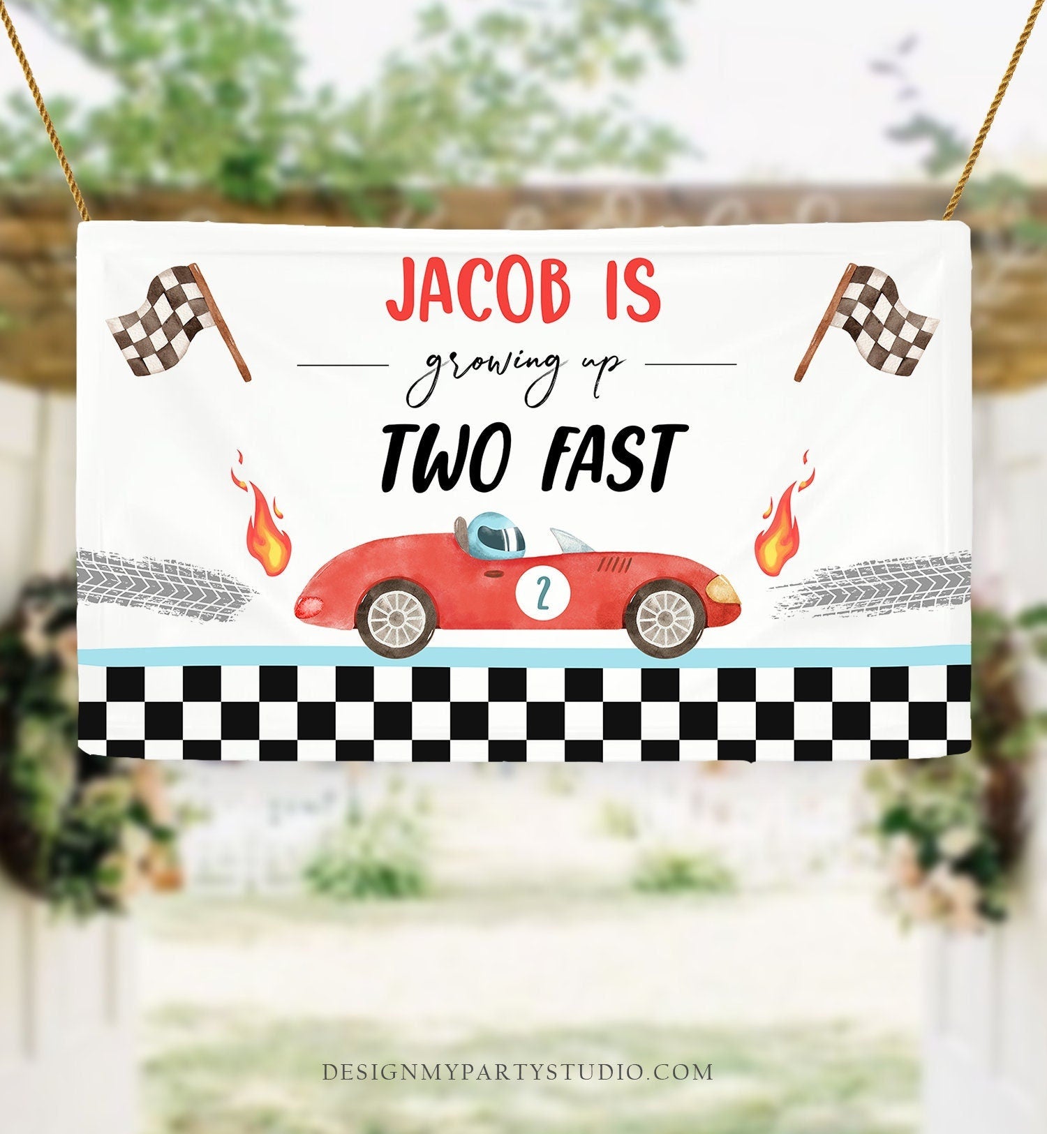 Editable Racing Car Backdrop Banner Growing Up Two Fast Birthday Boy 2nd Second 2 Fast Race Digital Download Template Printable 0424