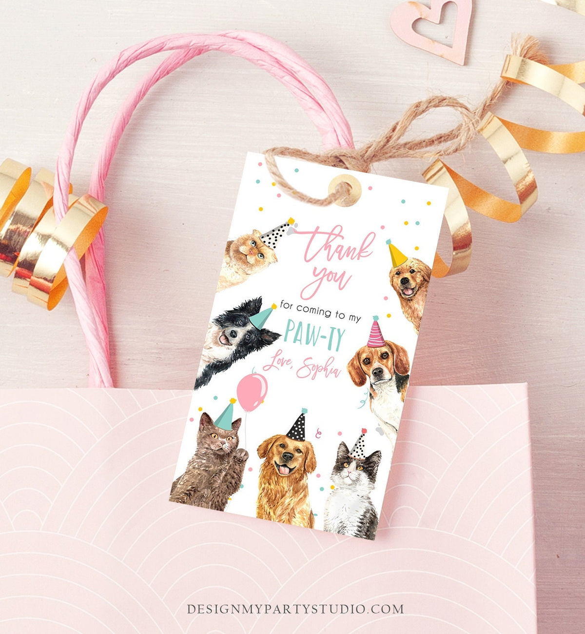 Editable Cats and Dogs Favor Tag Cat Dog Birthday Thank You Tag Girl Pink Puppy Pet Vet Animal Kitten Pawty Digital Template Printable 0384