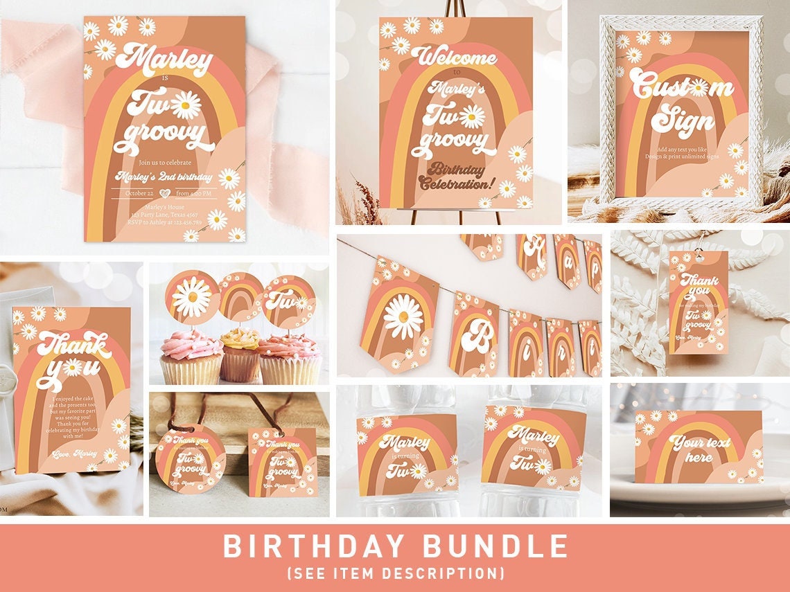 Two Groovy Birthday Invitation Bundle 2nd Birthday Boho Kit Retro Rainbow Party Package Peace Love 70's Digital Template Printable 0428