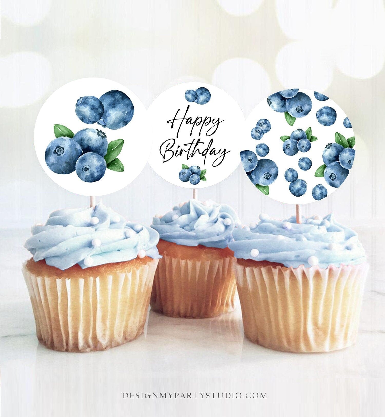 Blueberry Birthday Cupcake Toppers Favor Tag Boy Party Decor Berry Sweet 1st Blueberries Farmers Market Digital Download Printable 0399