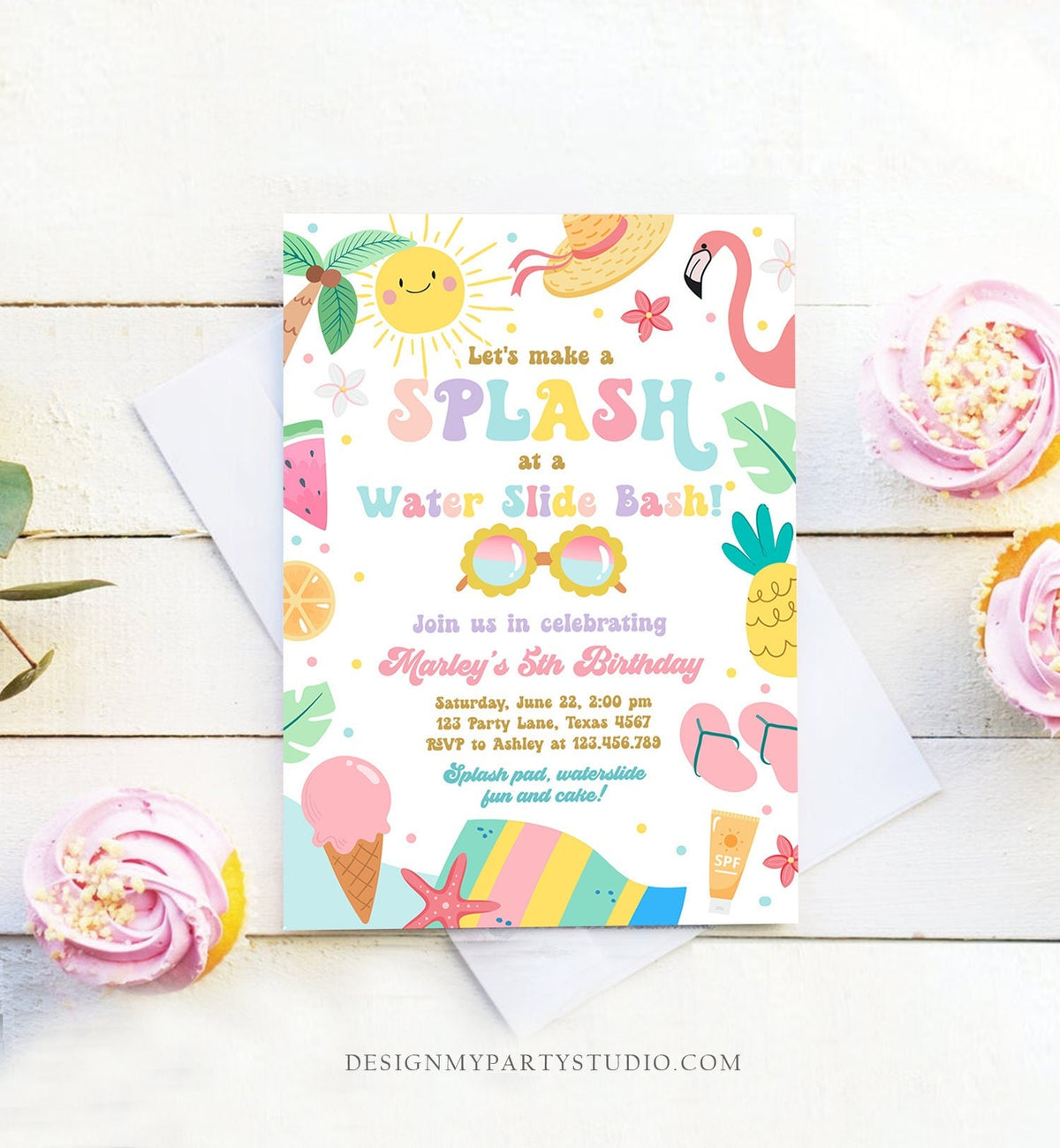 Editable Splish Splash Birthday Invitation Pool Party Girl Summer Waterslide Water Party Pink Digital Download Template Printable 0465