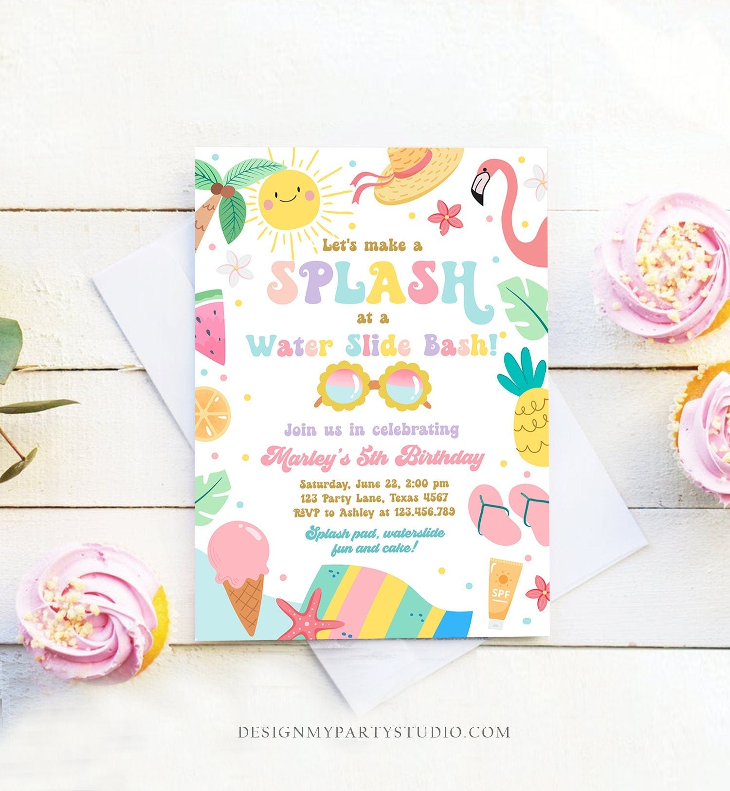 Editable Splish Splash Birthday Invitation Pool Party Girl Summer Waterslide Water Party Pink Digital Download Template Printable 0465
