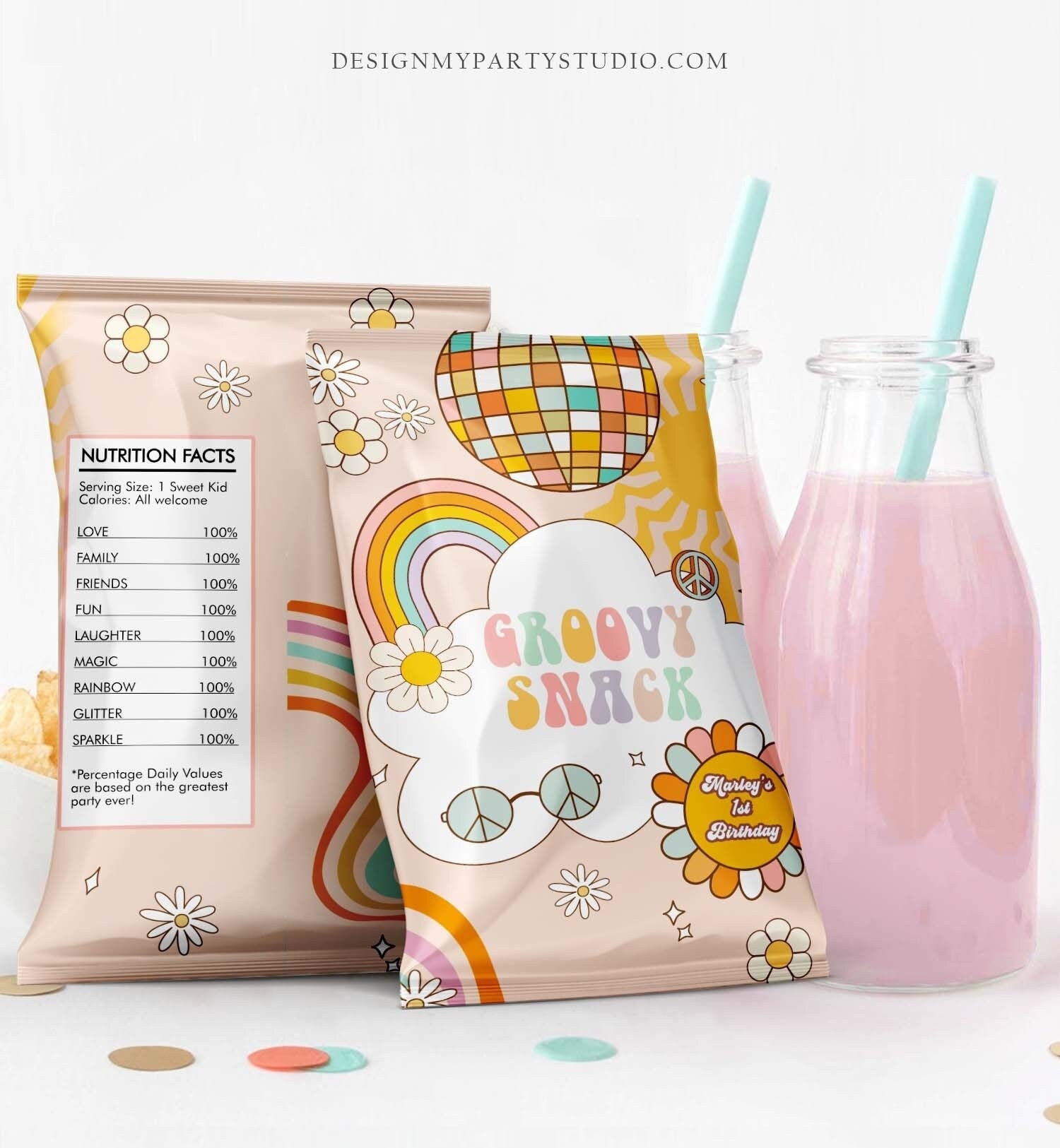 Editable Retro Groovy Snack Birthday Chip Bag Retro Groovy Party Decor Boy 70s Flower Power Groovy Snack Digital Template Printable 0459