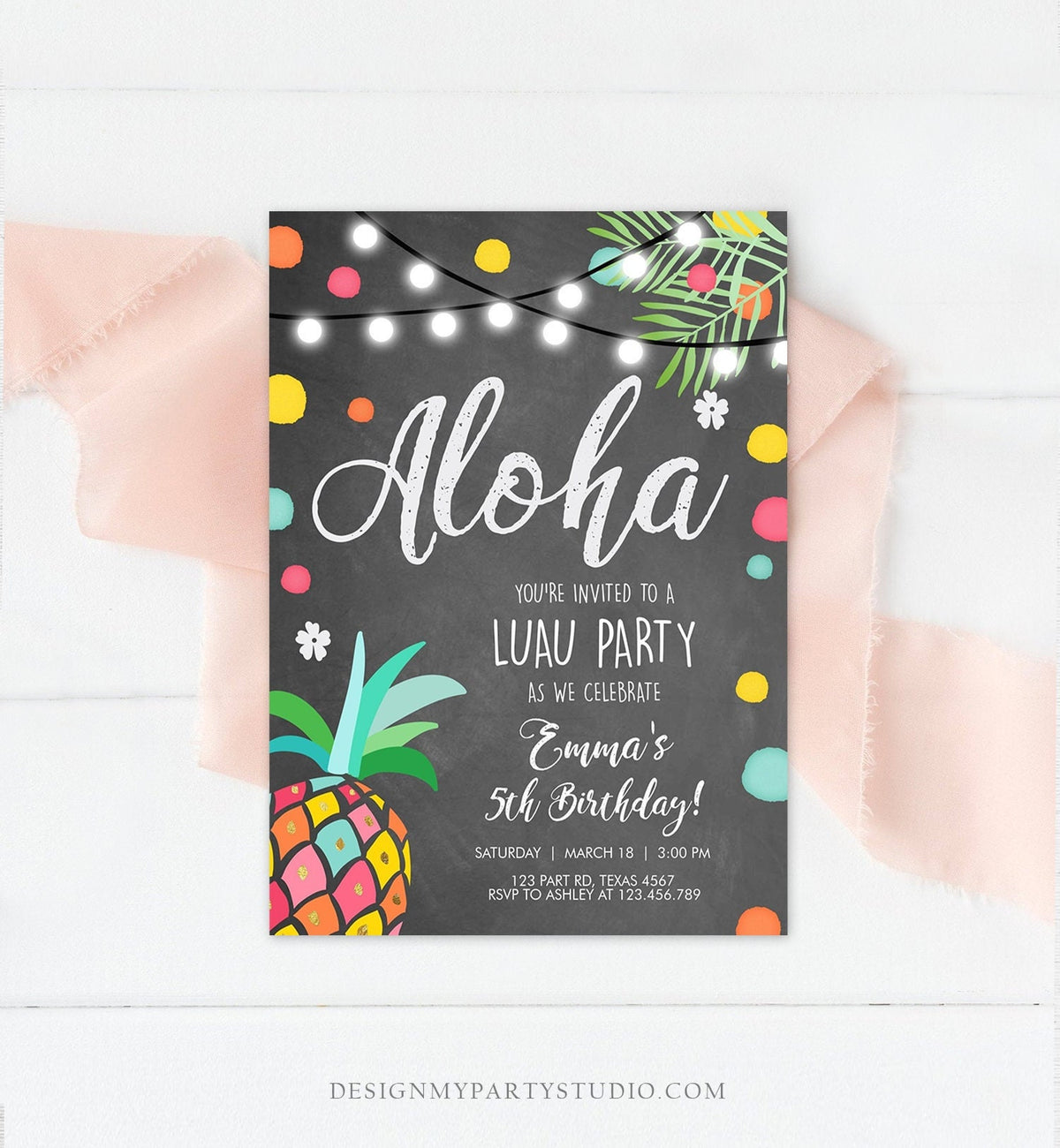 Editable Birthday Invitation Girl Aloha Pineapple Tropical Summer Party Beach Luau Party Hawaii Digital Download Template Printable 0201