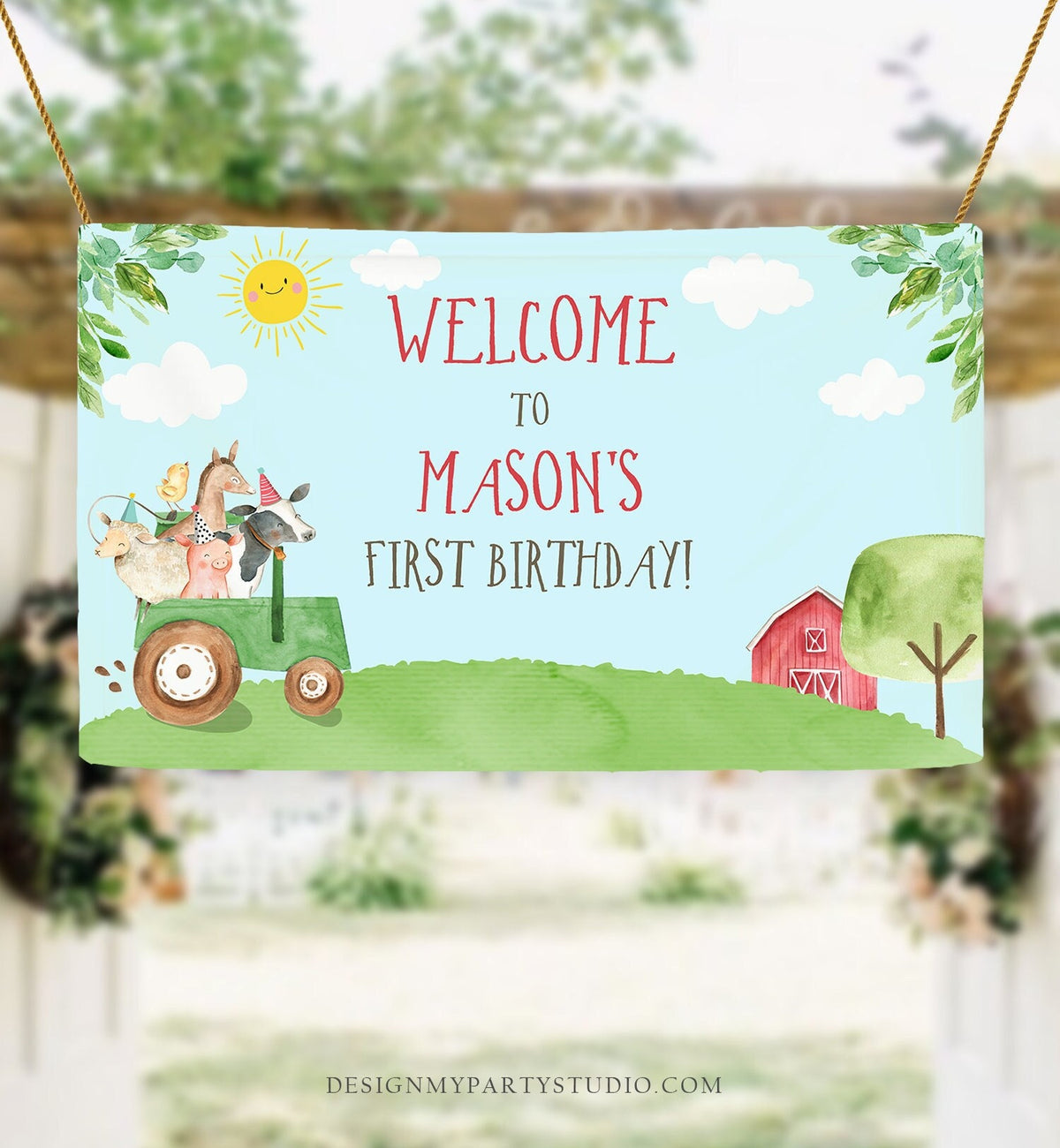 Editable Farm Animals Birthday Backdrop Banner Boy Barnyard Green Tractor Welcome Sign Party Animals Digital Template Printable 0155