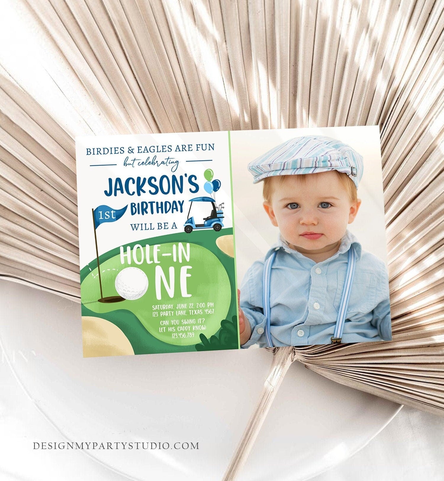 Editable Hole in One Birthday Invitation Golf First Birthday Par-tee Golf Invite Boy Golfing Digital Download Evite Template Printable 0405