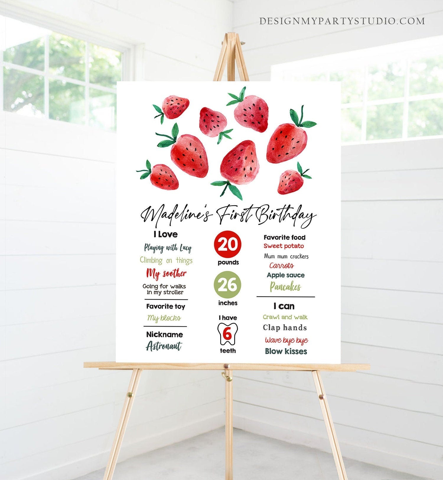 Editable Strawberry Birthday Milestones Sign Strawberry First Birthday Girl Strawberries Watercolor Digital Download Template Printable 0399