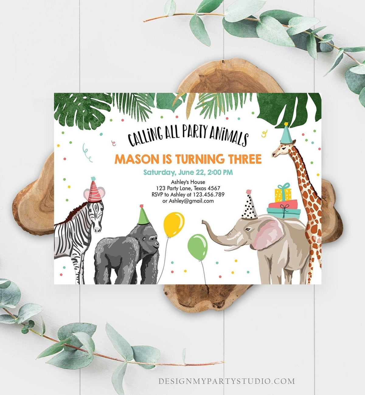 Editable Party Animals Birthday Invitation Wild One Animals Invitation Zoo Safari Animals Boy Digital Download Template Printable 0142