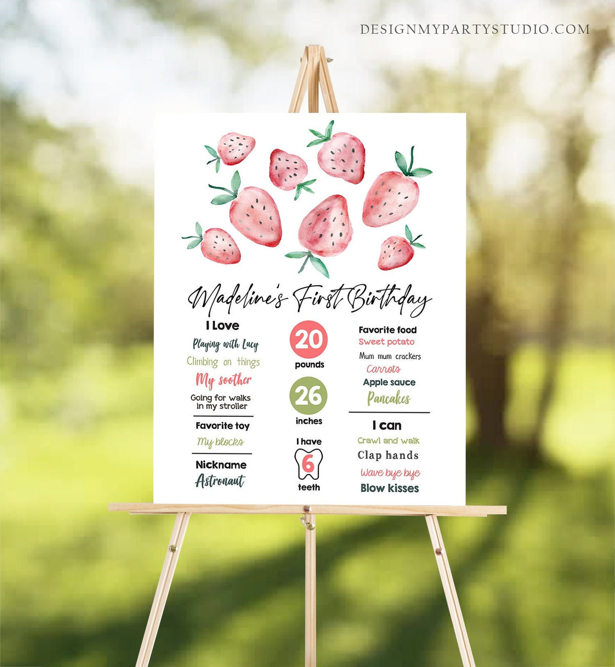 Editable Strawberry Birthday Milestones Sign Strawberry First Birthday Girl Strawberries Watercolor Digital Download Template Printable 0399