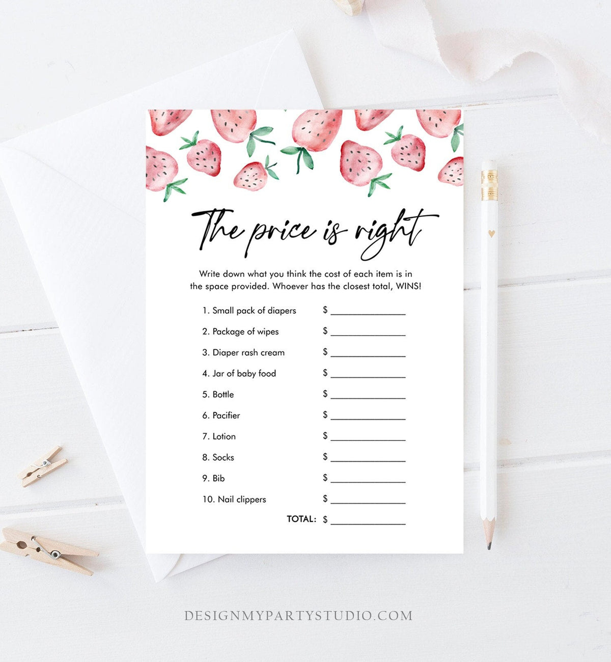 Editable The Price is Right Game Strawberry Baby Shower Baby Coed Sprinkle Strawberries Pink Digital Download Template Printable 0399