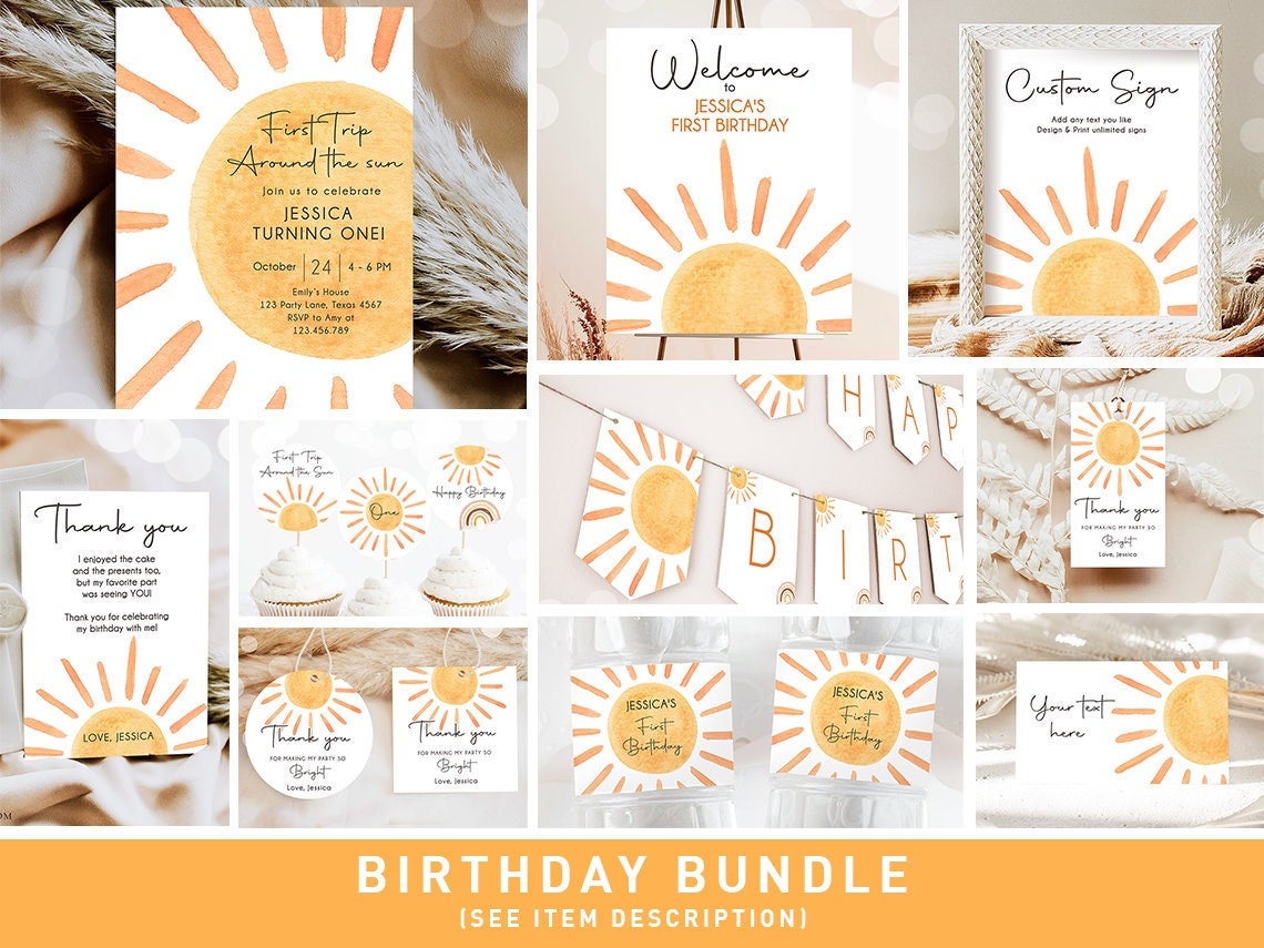 First Trip Around The Sun Birthday Invitation Bundle 1st Sunshine Party Girl Boy Kit Package Digital Download Template Printable 0431