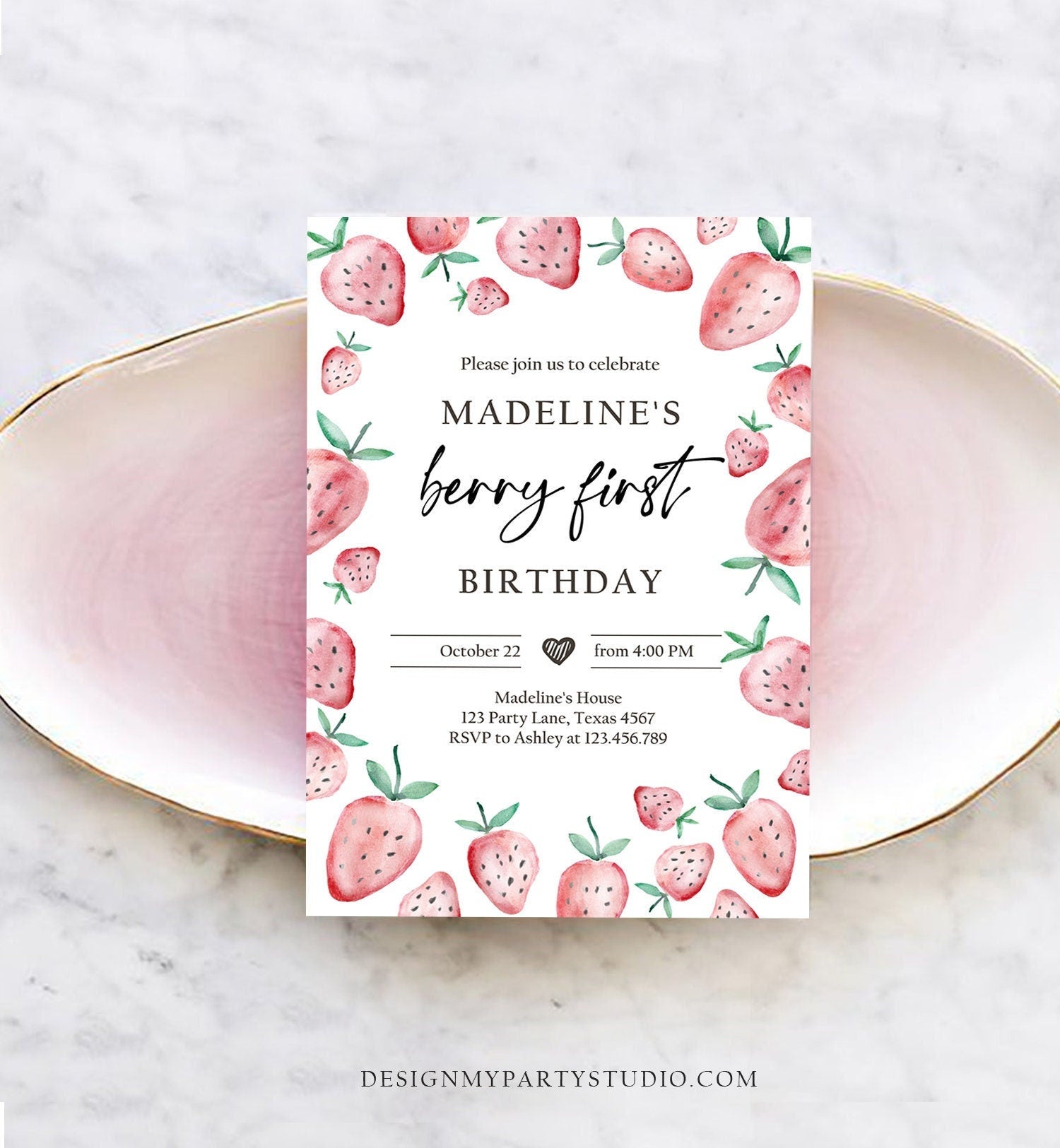 Editable Strawberry Birthday Invitation First Birthday Berry Sweet Girl Cute Strawberries 1st Digital Download Evite Template Printable 0399