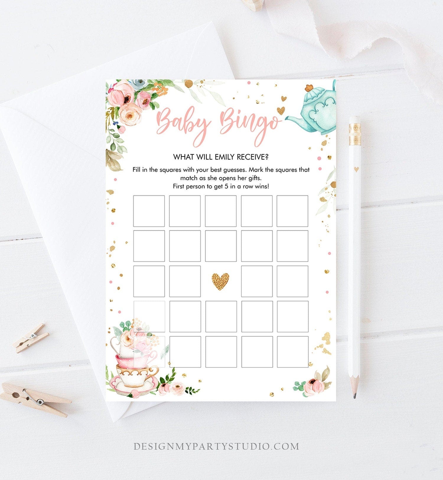 Editable Baby Bingo Game Tea Party Baby is Brewing Girl Blush Pink Gold Couples Sprinkle Brunch Bubbly Digital Template Printable 0349