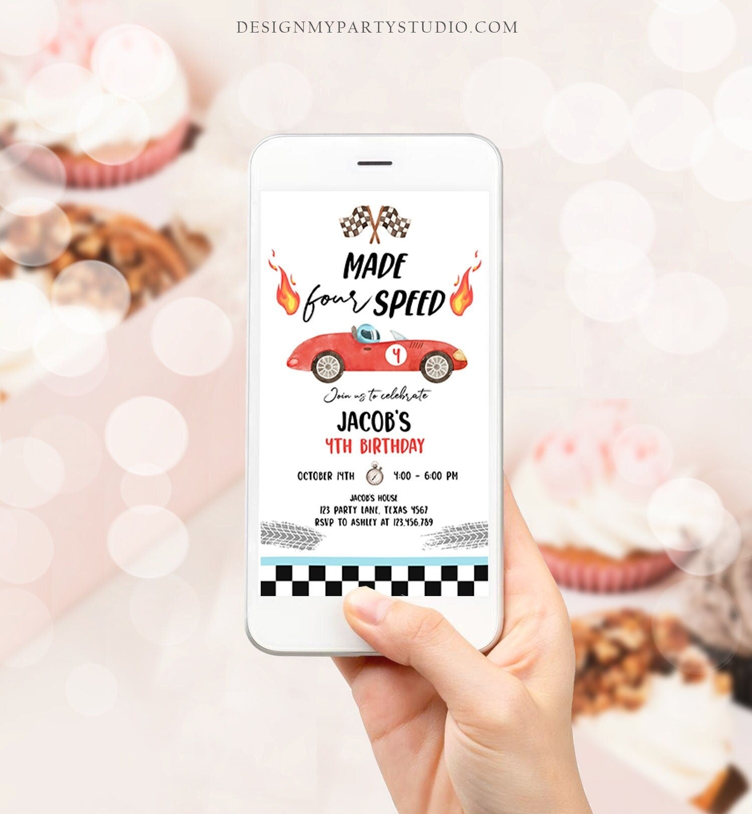 Editable Made Four Speed Race Car Fourth Birthday Invitation Boy Red 4th Birthday Racing Evite Made 4 Speed Digital Template Printable 0424