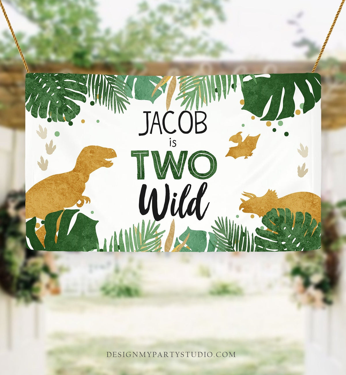 Editable Dinosaur Birthday Backdrop Banner Boy Gold Two Wild Second 2nd Dino Welcome Sign Poster Digital Download Template Printable 0146