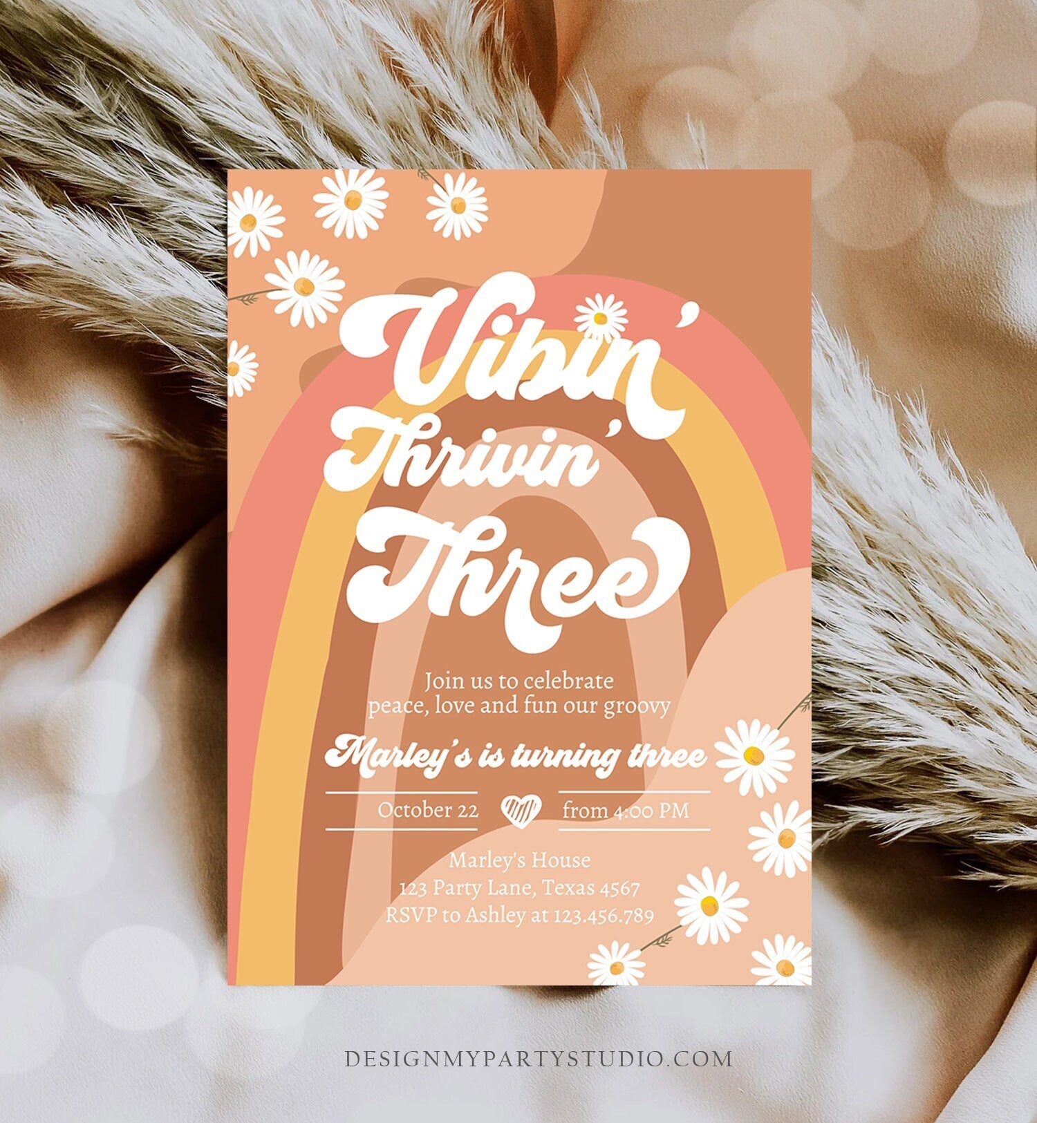 Editable Vibin' Thrivin' And Three Birthday Invitation 3rd Birthday Retro Floral 70s Peace Love Digital Download Template Printable 0428