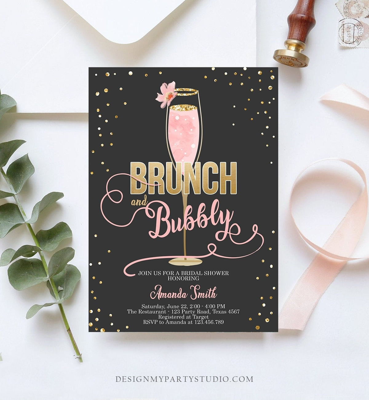 Editable Brunch and Bubbly Bridal Shower Invitation Floral Champagne Gold Pink Wedding Digital Download Evite Template Printable 0150